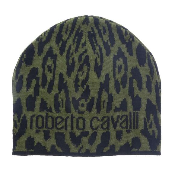 Roberto CavalliESZ026 D0491 Black/Military Green Jaguar Beanie Hat